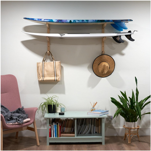 Vagabond Racks Bamboo 2-Surfboard Wall Mount with Gear Hooks — All-in-One Storage Station